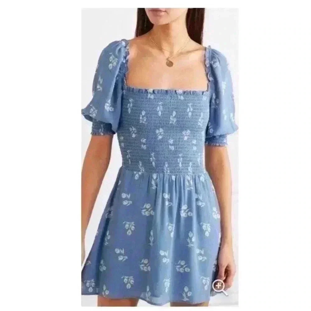 Reformation Elle Verona Blue Smocked Mini Dress in size 6